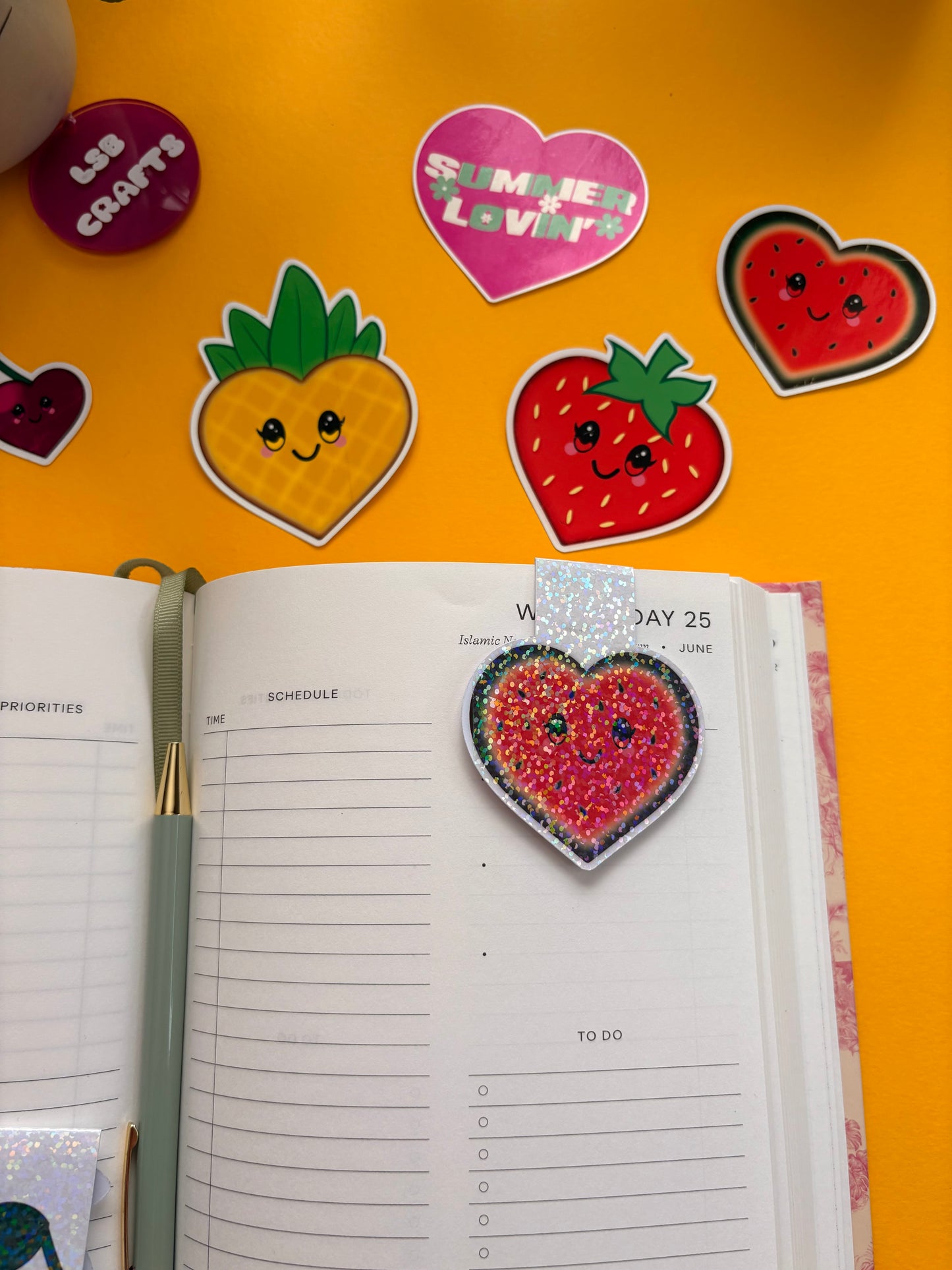 Glossy white cardstock magnetic bookmark with the image of a heart shaped kawaii melon.