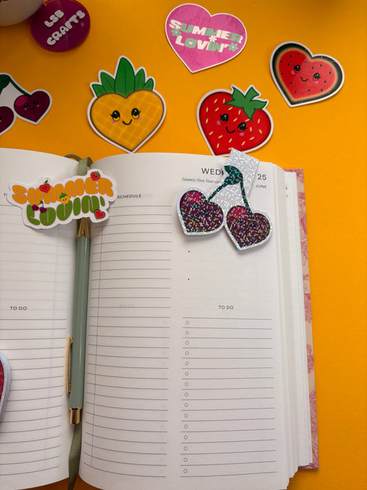 Glossy white cardstock magnetic bookmark with the image of heart shaped kawaii cherries.