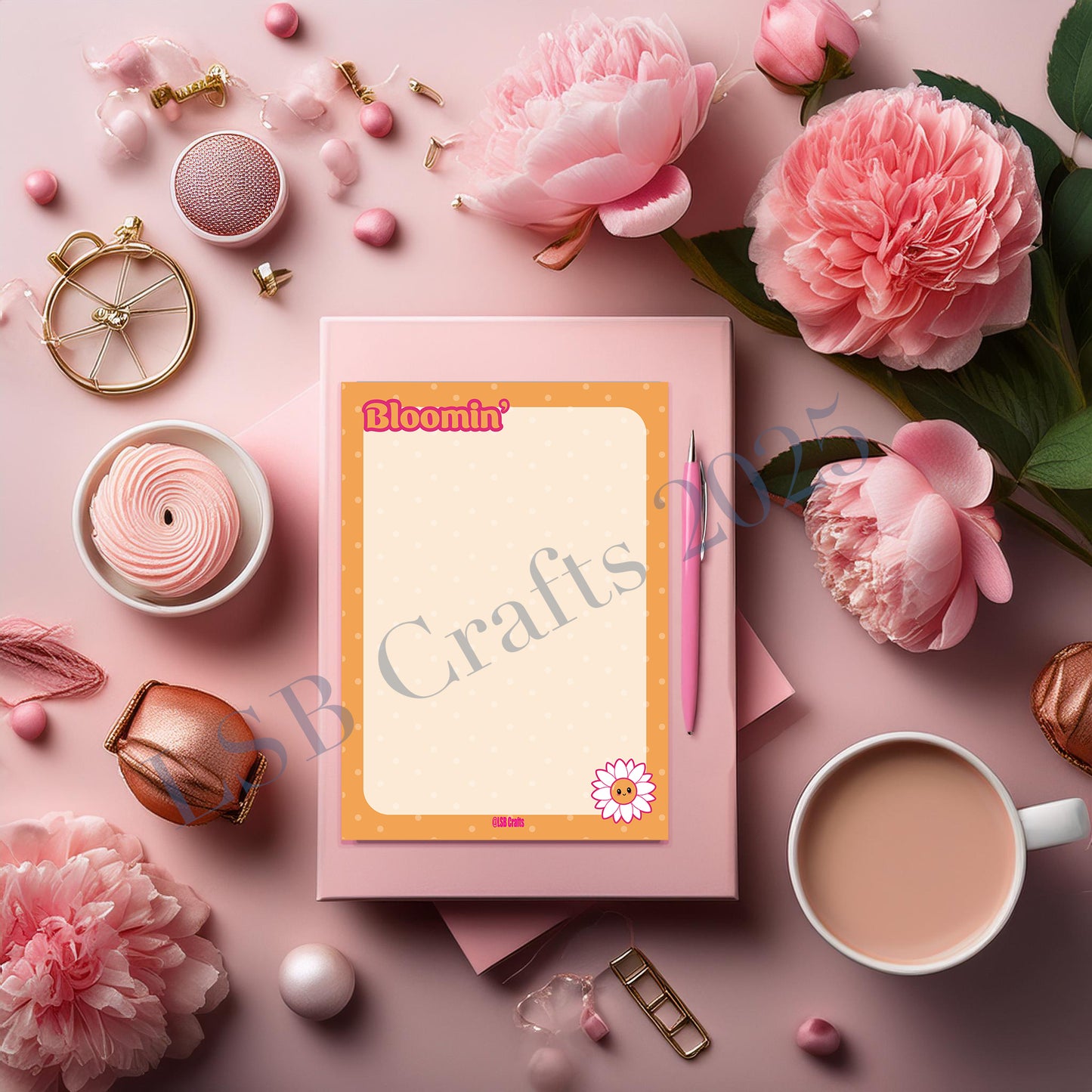 A5 sized notepad in Orange with the image of a Daisy and the text caption of “Bloomin”