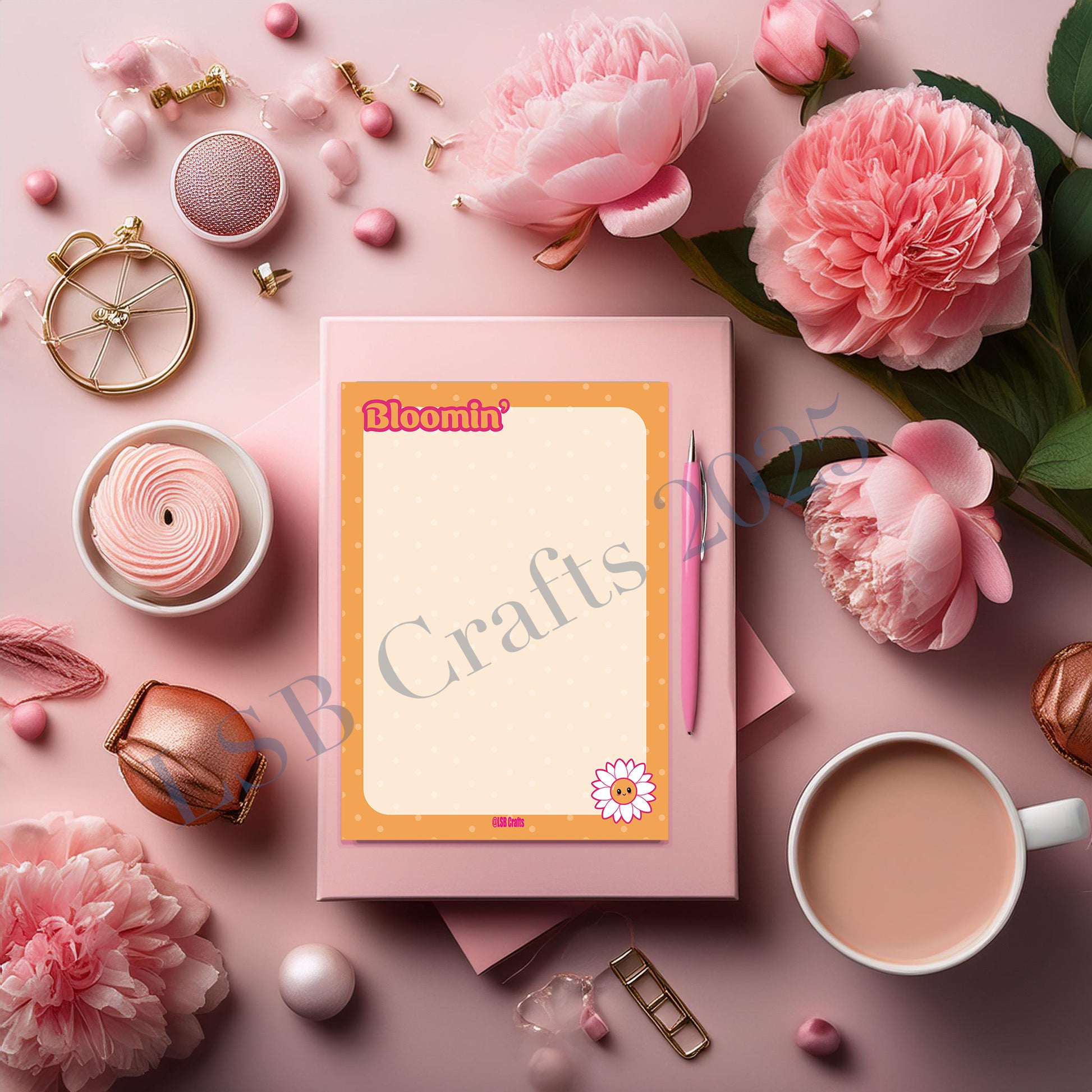 A5 sized notepad in Orange with the image of a Daisy and the text caption of “Bloomin”