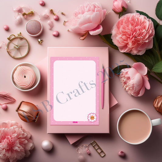 A5 sized notepad in Pink with the image of a Daisy in the bottom right corner.